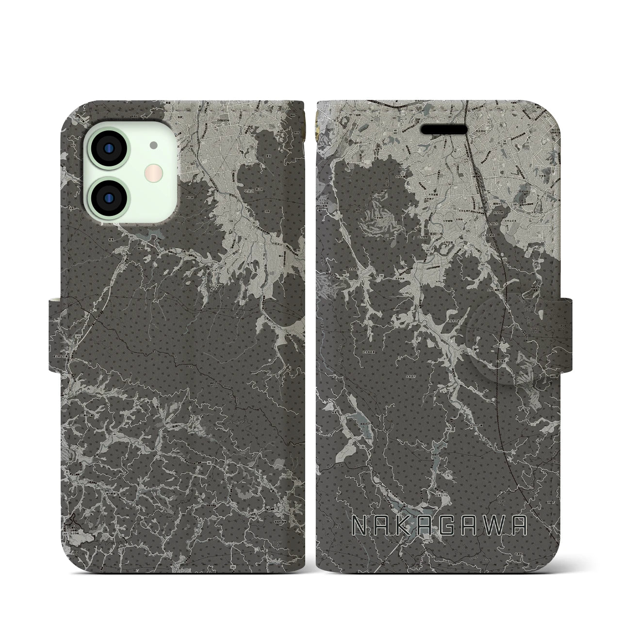 【那珂川(福岡県)】地図柄iPhoneケース(手帳タイプ)モノトーン・iPhone 12 mini 用