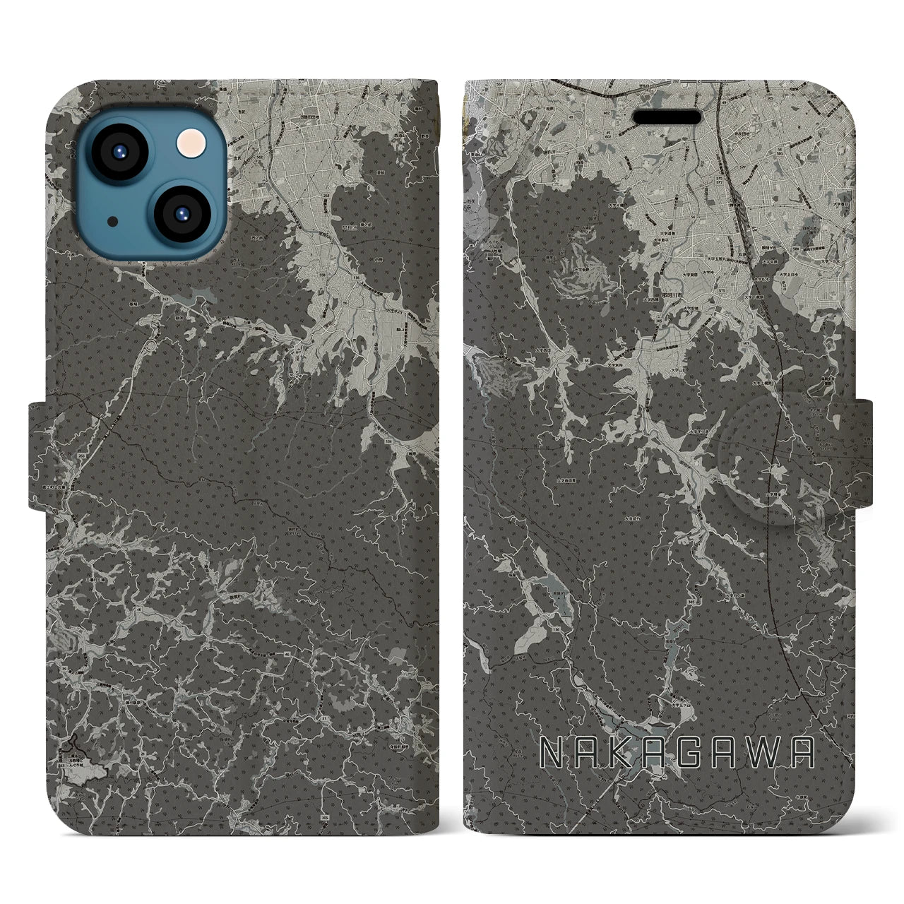 【那珂川(福岡県)】地図柄iPhoneケース(手帳タイプ)モノトーン・iPhone 13 用