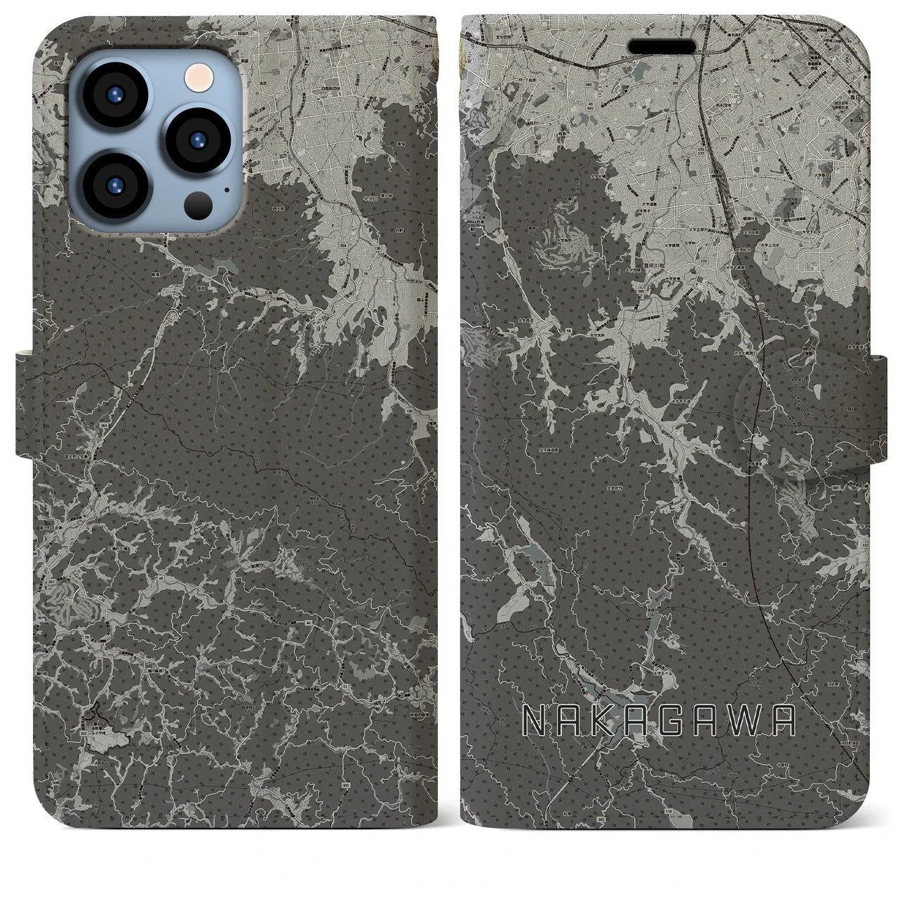 【那珂川(福岡県)】地図柄iPhoneケース(手帳タイプ)モノトーン・iPhone 13 Pro Max 用