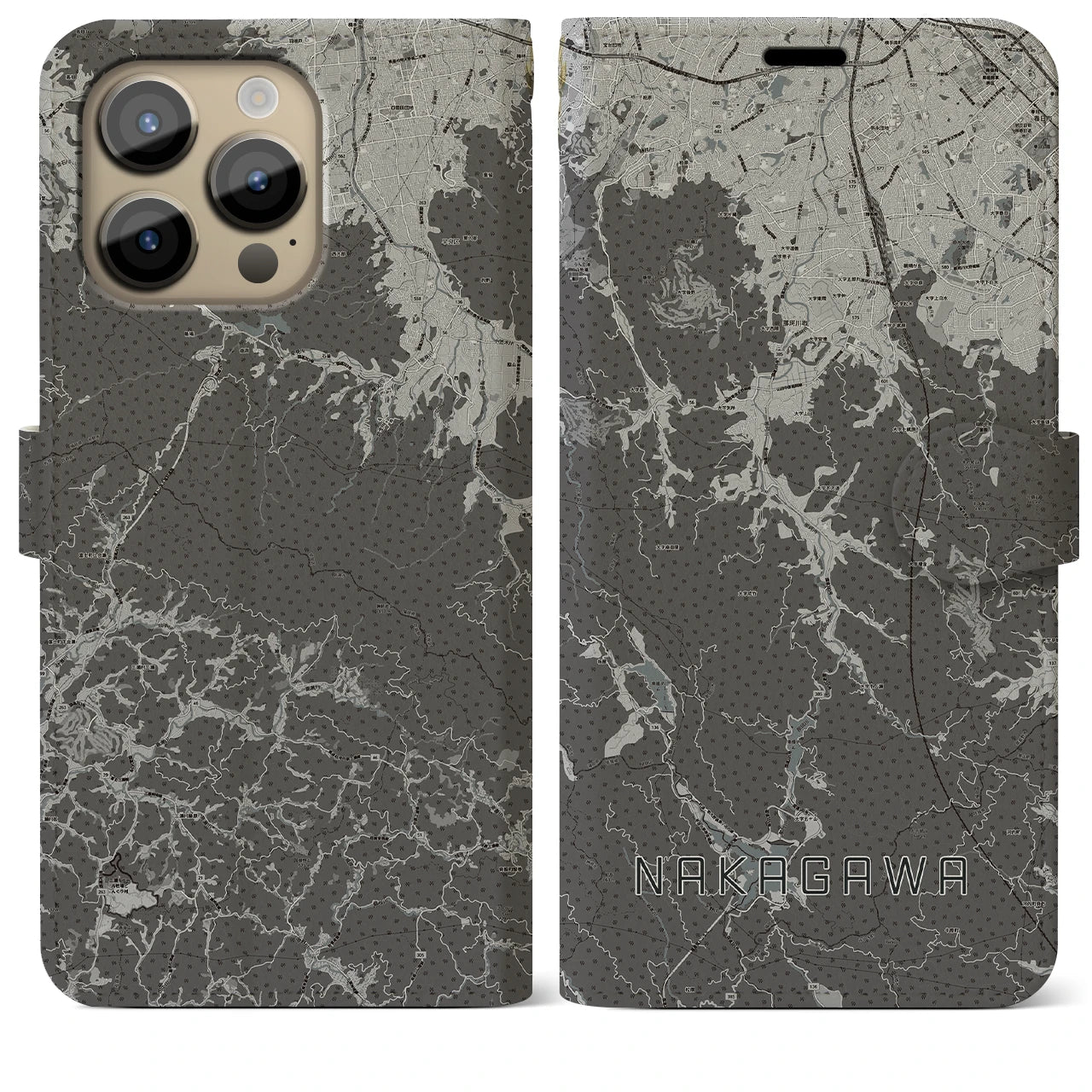 【那珂川(福岡県)】地図柄iPhoneケース(手帳タイプ)モノトーン・iPhone 14 Pro Max 用