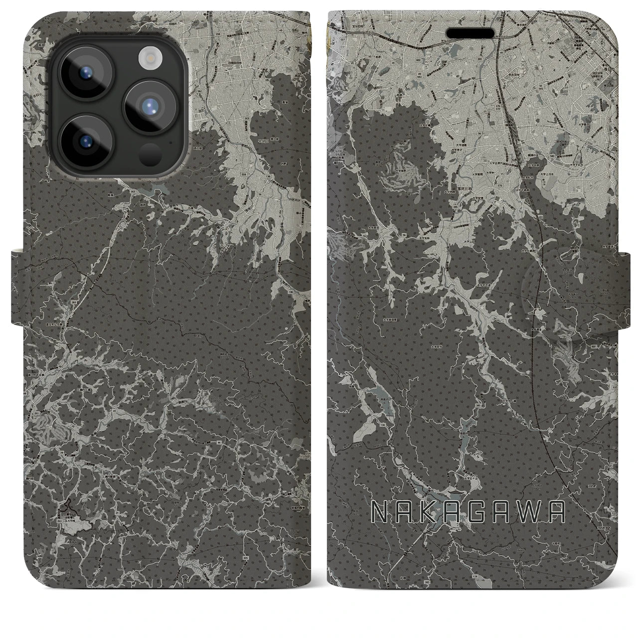 【那珂川(福岡県)】地図柄iPhoneケース(手帳タイプ)モノトーン・iPhone 15 Pro Max 用