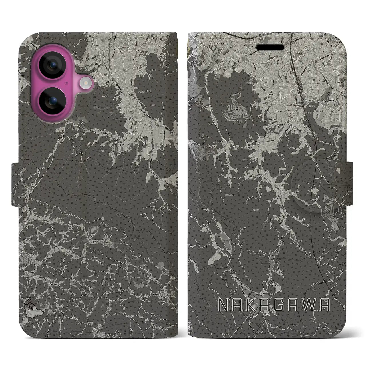 【那珂川(福岡県)】地図柄iPhoneケース(手帳タイプ)モノトーン・iPhone 16 Pro 用