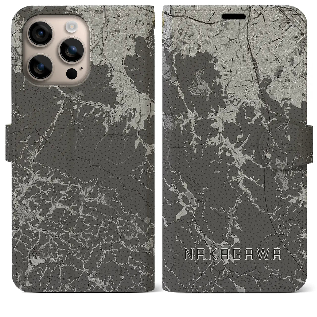 【那珂川(福岡県)】地図柄iPhoneケース(手帳タイプ)モノトーン・iPhone 16 Plus 用