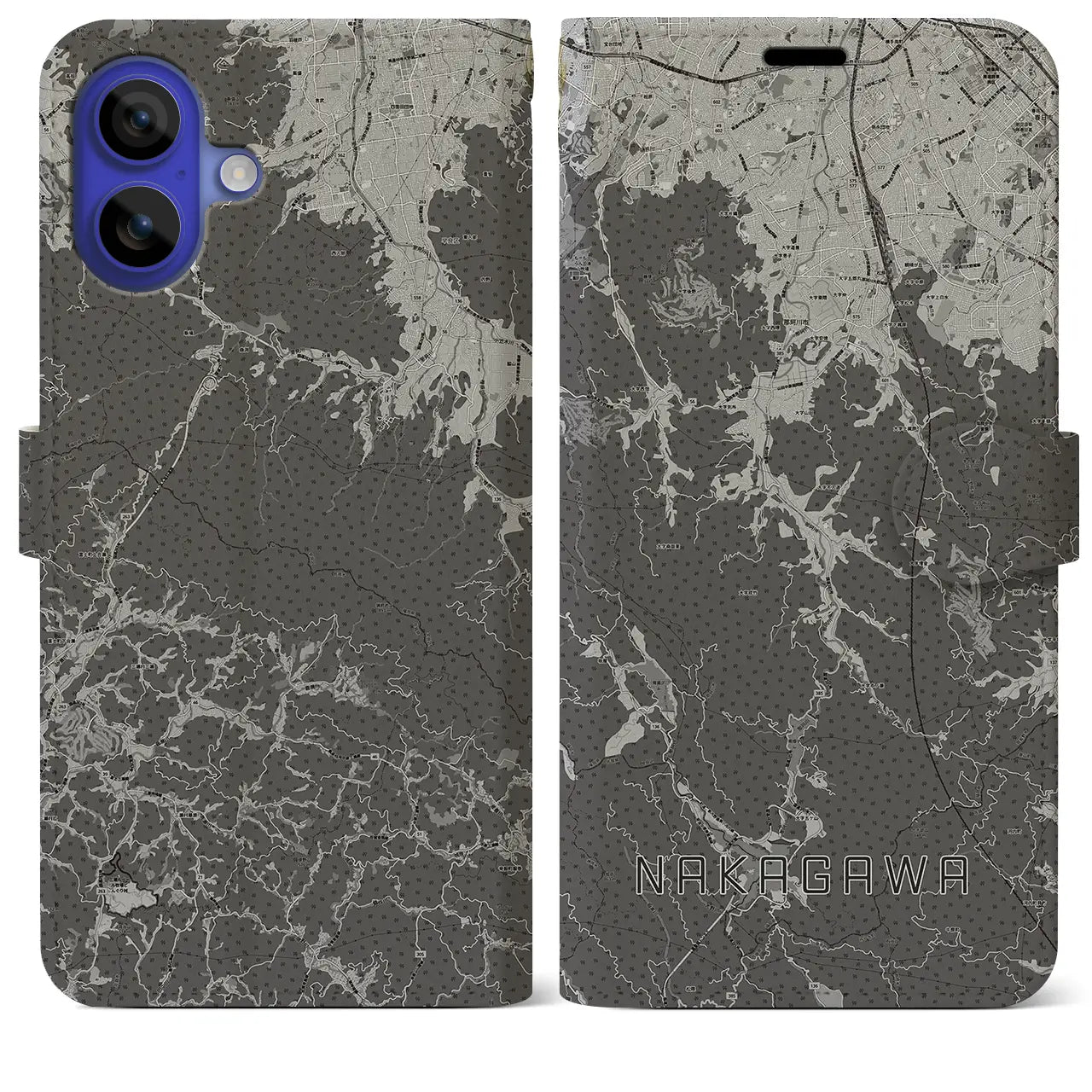 【那珂川(福岡県)】地図柄iPhoneケース(手帳タイプ)モノトーン・iPhone 16 Pro Max 用