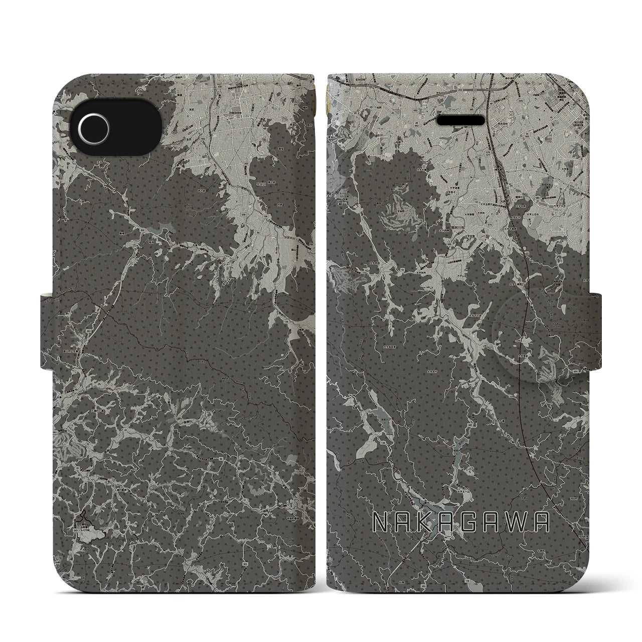 【那珂川(福岡県)】地図柄iPhoneケース(手帳タイプ)モノトーン・iPhone SE(第3 / 第2世代) / 8 / 7 / 6s / 6 用