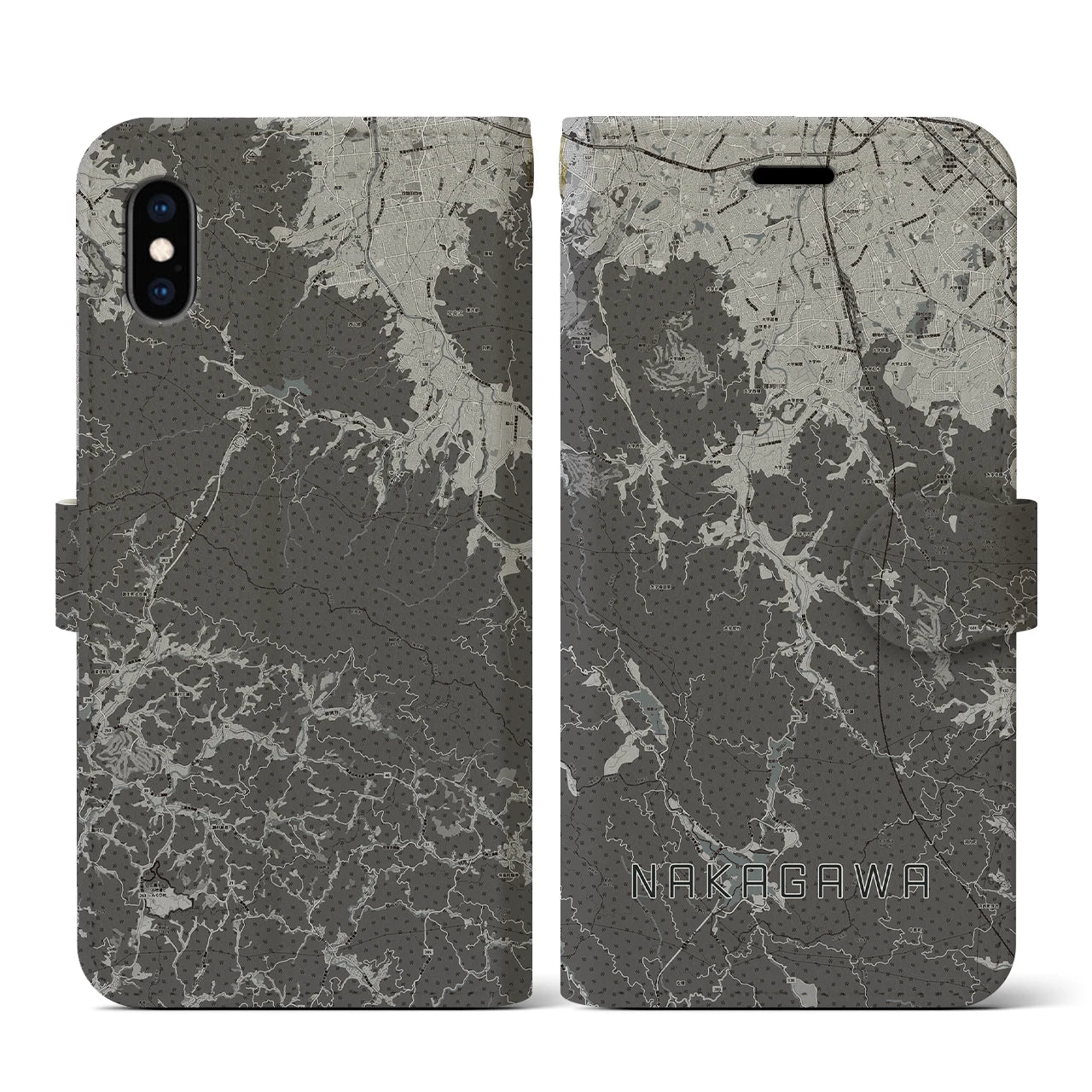 【那珂川(福岡県)】地図柄iPhoneケース(手帳タイプ)モノトーン・iPhone XS / X 用