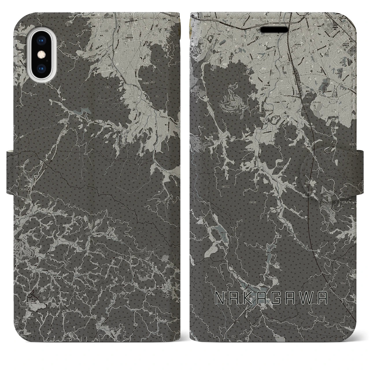 【那珂川(福岡県)】地図柄iPhoneケース(手帳タイプ)モノトーン・iPhone XS Max 用