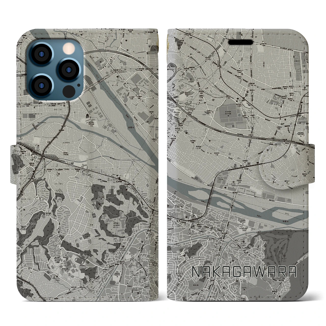 【中河原(東京都)】地図柄iPhoneケース(手帳タイプ)モノトーン・iPhone 12 / 12 Pro 用