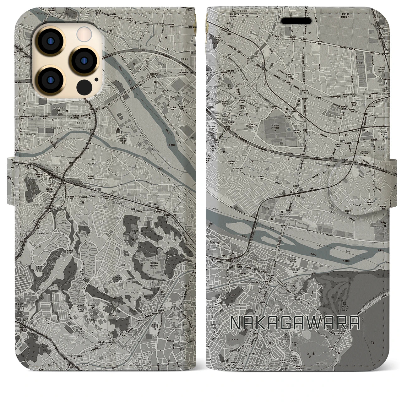 【中河原(東京都)】地図柄iPhoneケース(手帳タイプ)モノトーン・iPhone 12 Pro Max 用