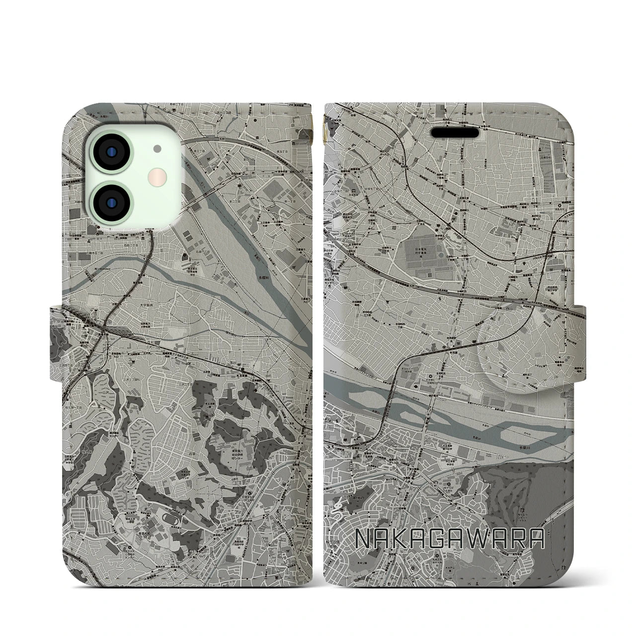 【中河原(東京都)】地図柄iPhoneケース(手帳タイプ)モノトーン・iPhone 12 mini 用