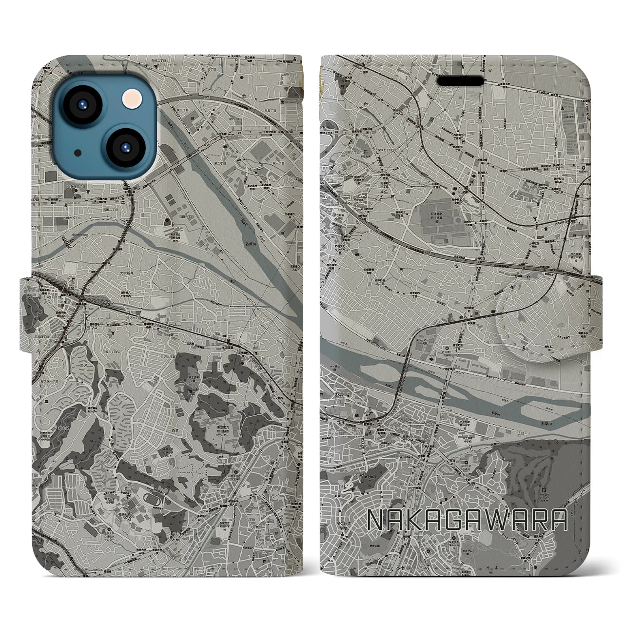 【中河原(東京都)】地図柄iPhoneケース(手帳タイプ)モノトーン・iPhone 13 用