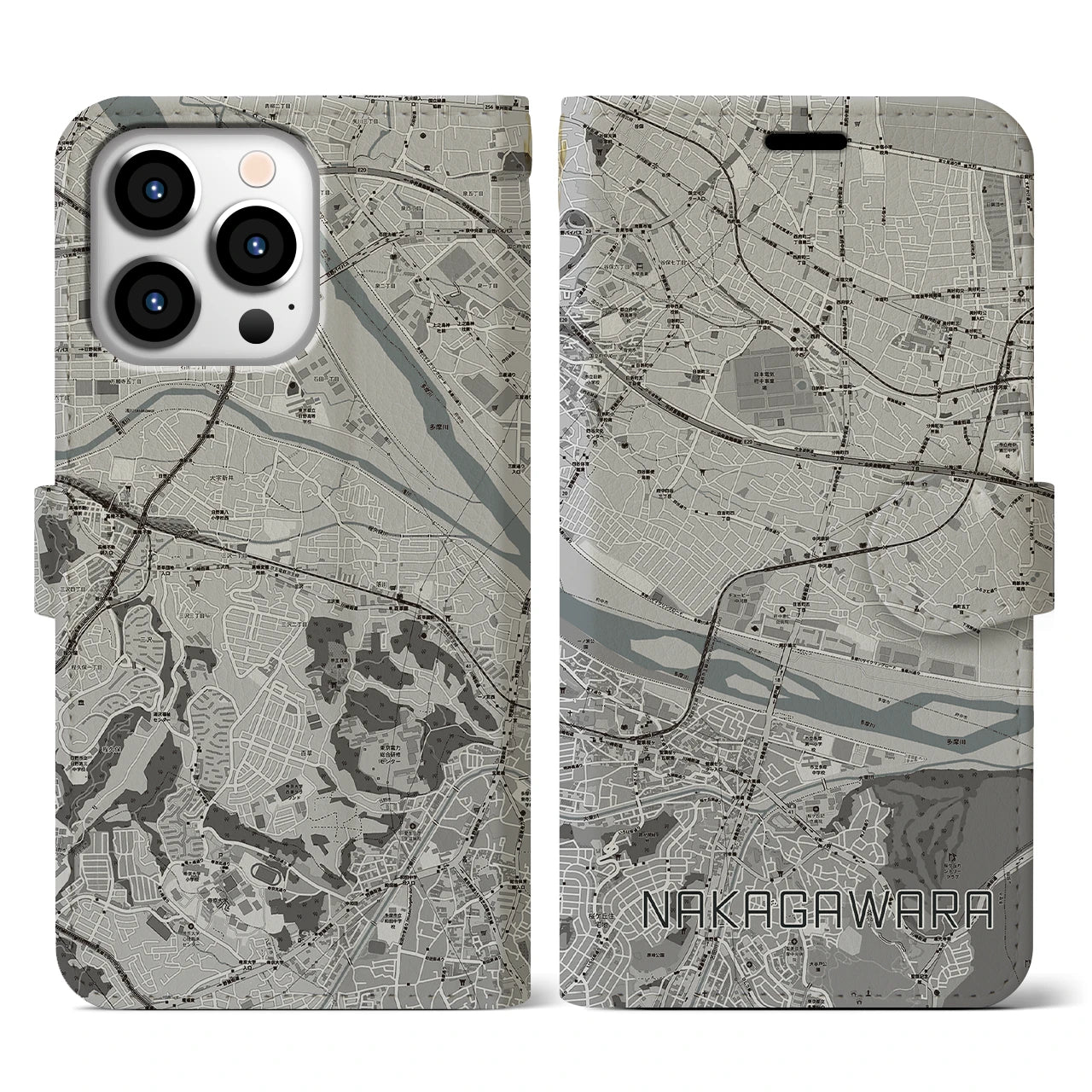 【中河原(東京都)】地図柄iPhoneケース(手帳タイプ)モノトーン・iPhone 13 Pro 用