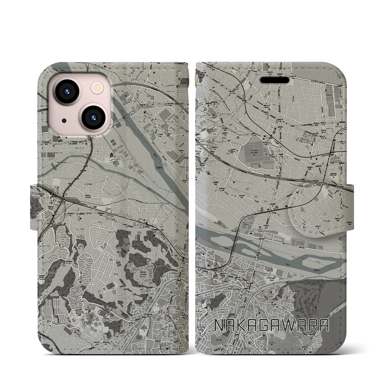 【中河原(東京都)】地図柄iPhoneケース(手帳タイプ)モノトーン・iPhone 13 mini 用