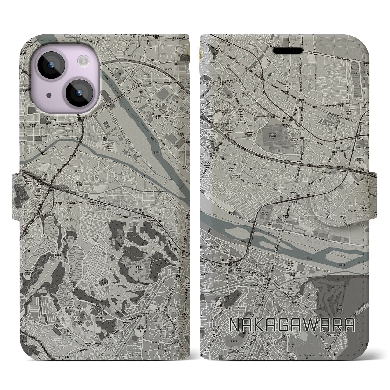 【中河原(東京都)】地図柄iPhoneケース(手帳タイプ)モノトーン・iPhone 14 用