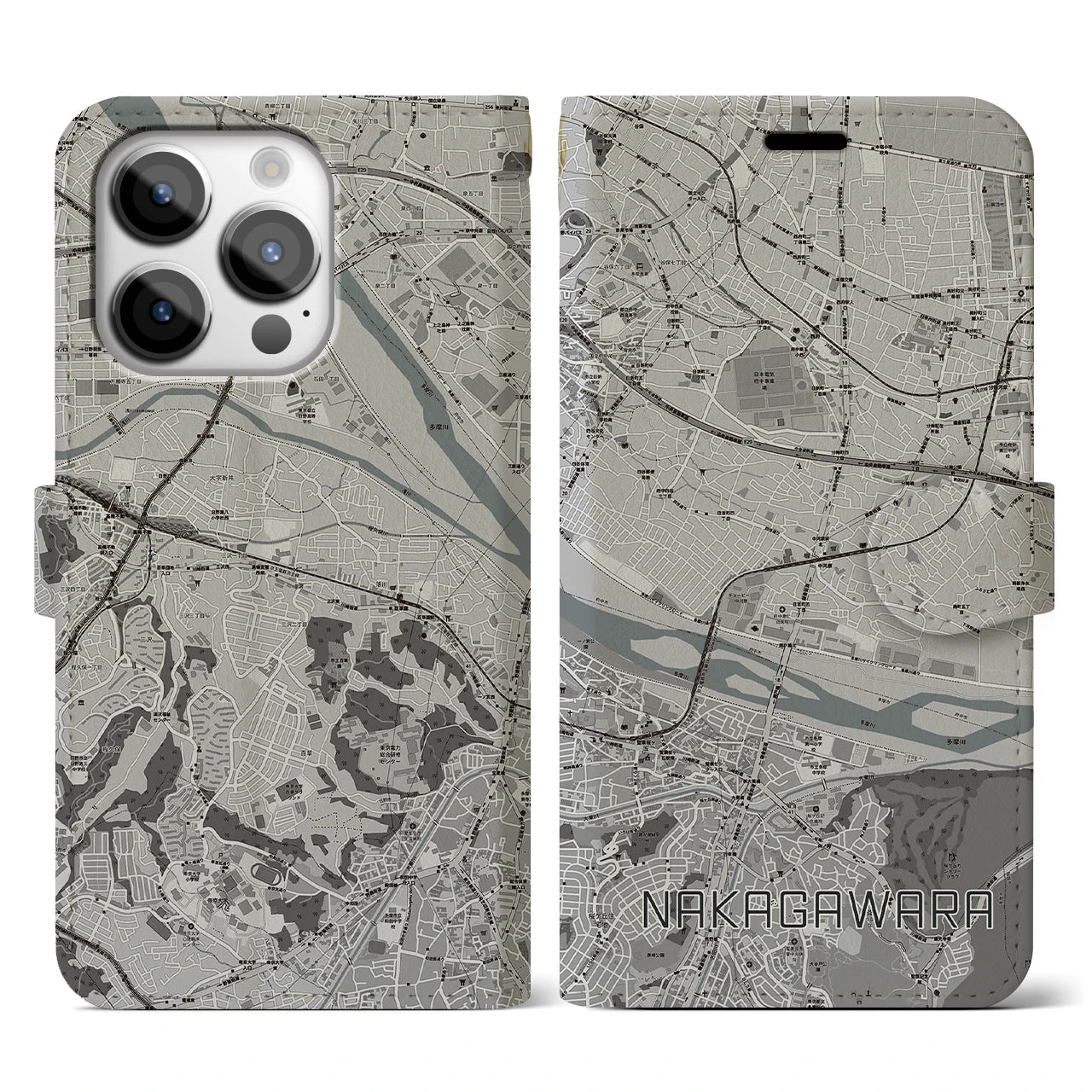 【中河原(東京都)】地図柄iPhoneケース(手帳タイプ)モノトーン・iPhone 14 Pro 用