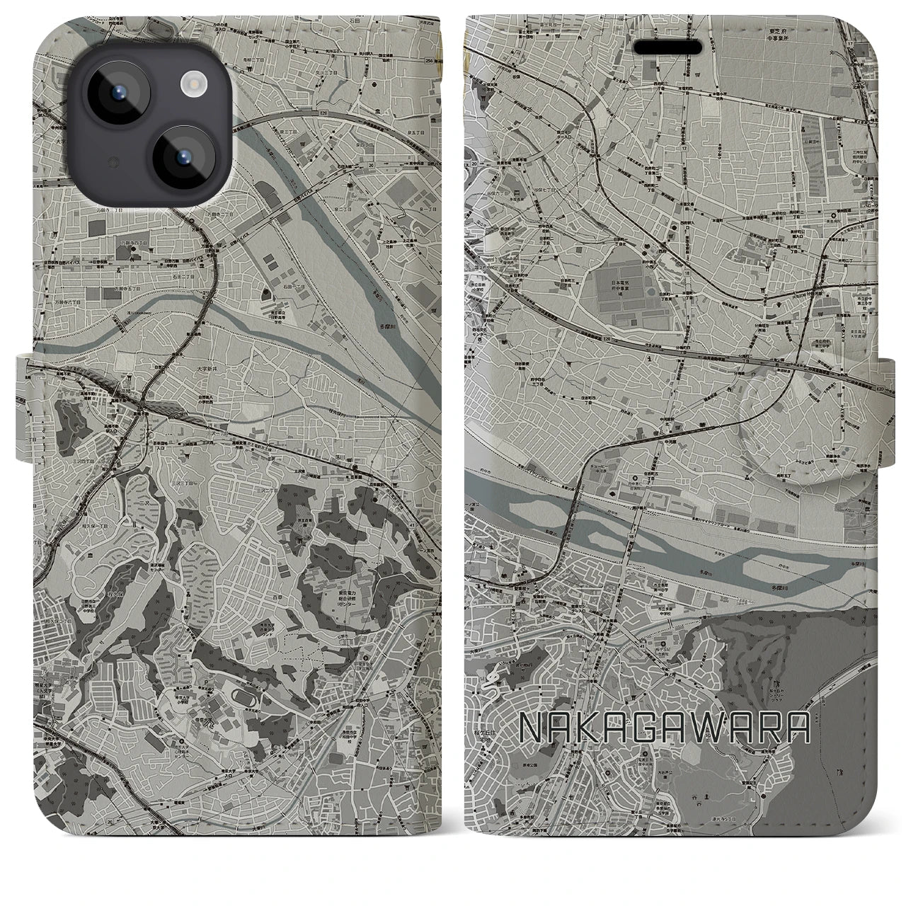 【中河原(東京都)】地図柄iPhoneケース(手帳タイプ)モノトーン・iPhone 14 Plus 用