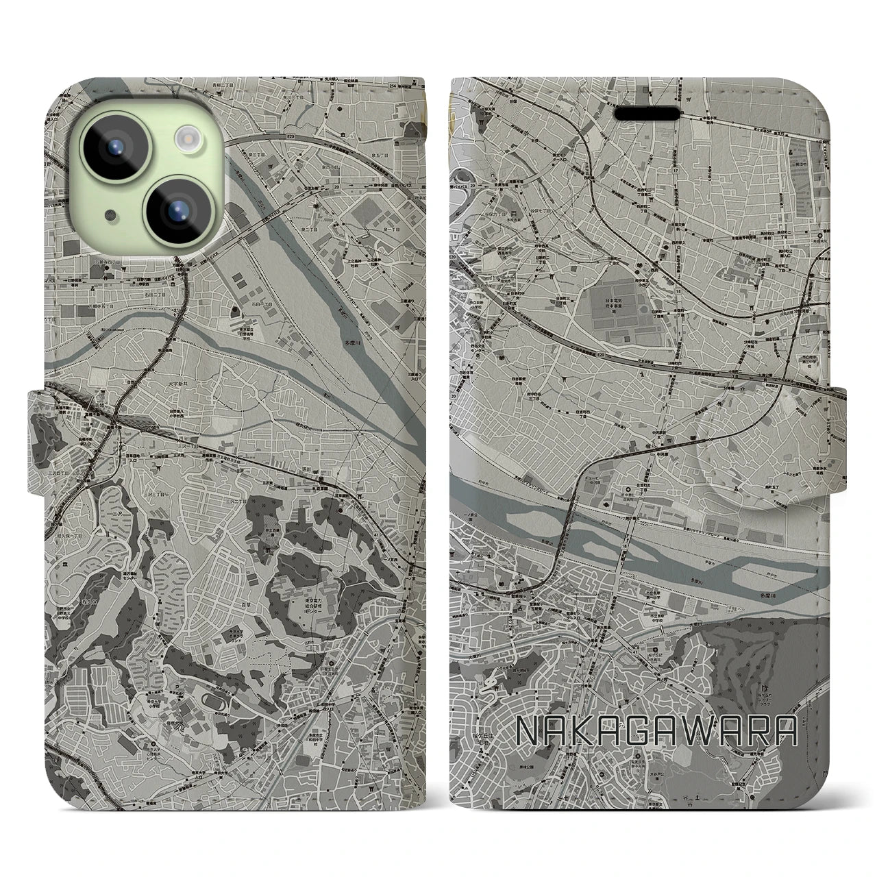 【中河原(東京都)】地図柄iPhoneケース(手帳タイプ)モノトーン・iPhone 15 用