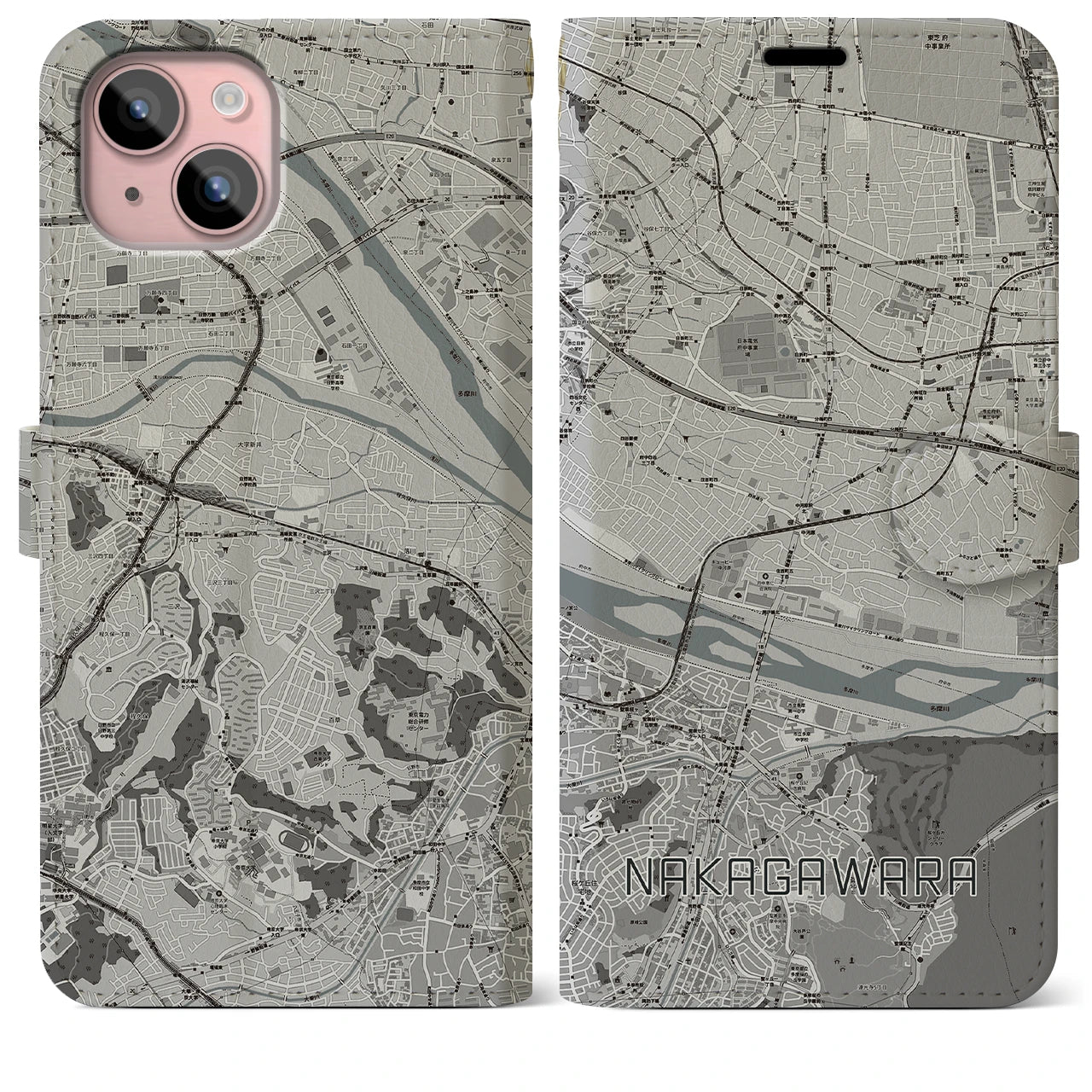 【中河原(東京都)】地図柄iPhoneケース(手帳タイプ)モノトーン・iPhone 15 Plus 用