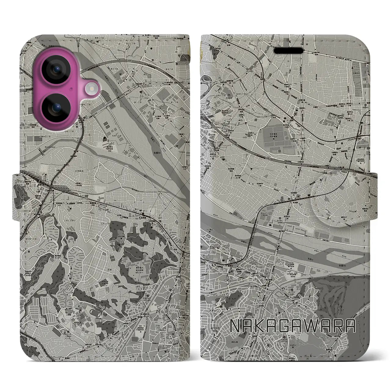 【中河原(東京都)】地図柄iPhoneケース(手帳タイプ)モノトーン・iPhone 16 Pro 用