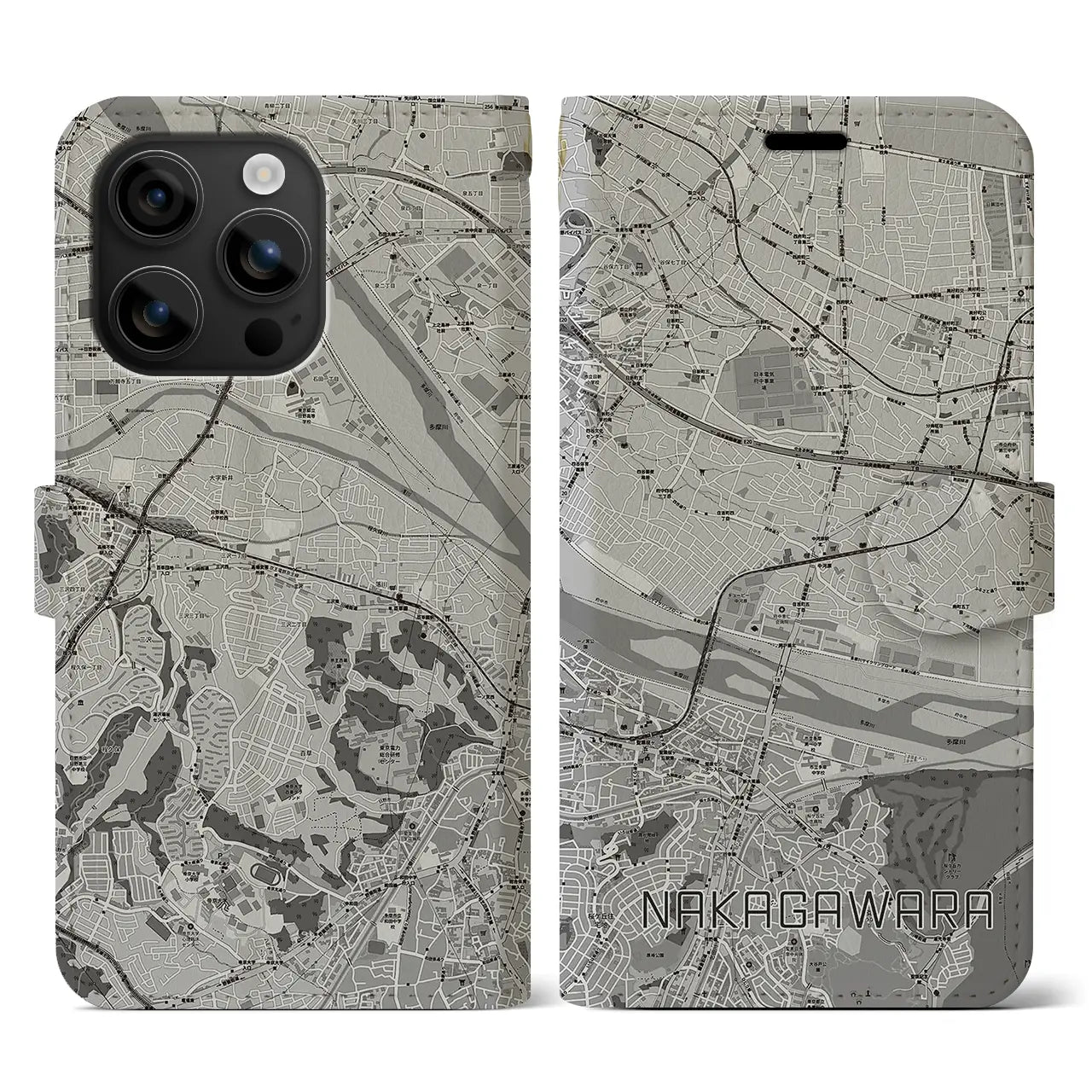 【中河原(東京都)】地図柄iPhoneケース(手帳タイプ)モノトーン・iPhone 16 用