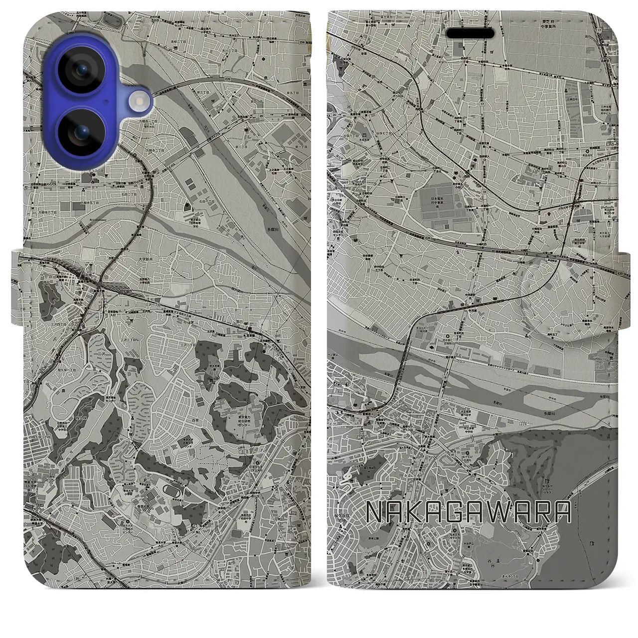 【中河原(東京都)】地図柄iPhoneケース(手帳タイプ)モノトーン・iPhone 16 Pro Max 用