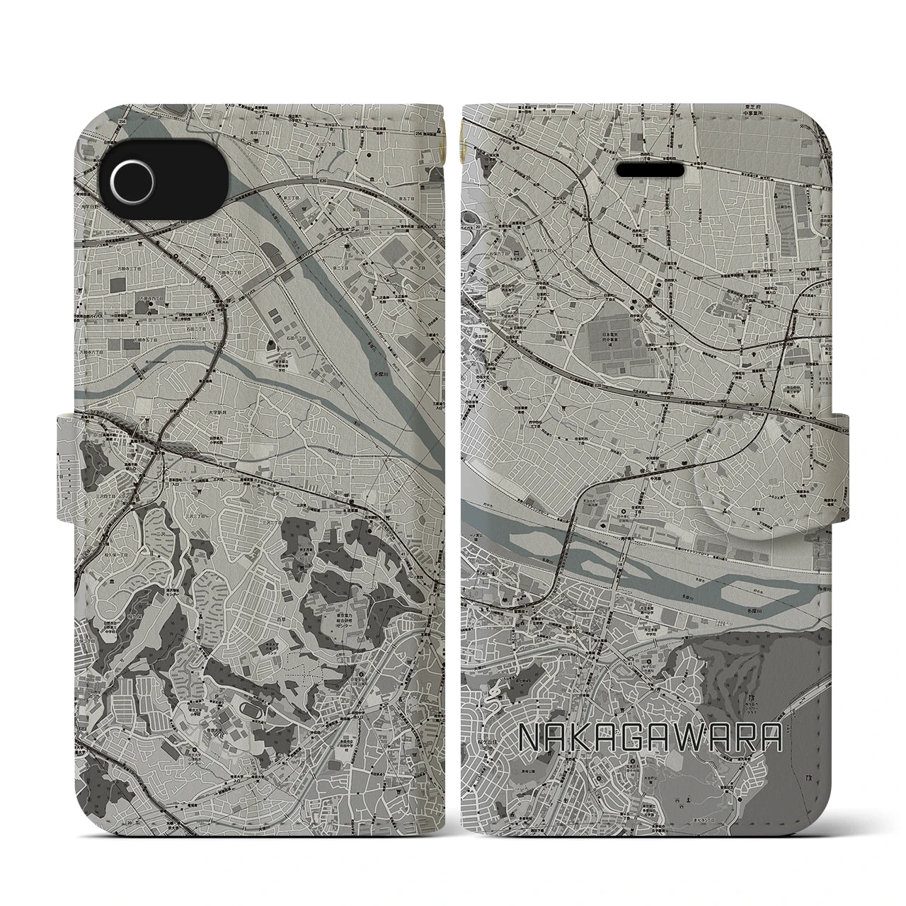 【中河原(東京都)】地図柄iPhoneケース(手帳タイプ)モノトーン・iPhone SE(第3 / 第2世代) / 8 / 7 / 6s / 6 用