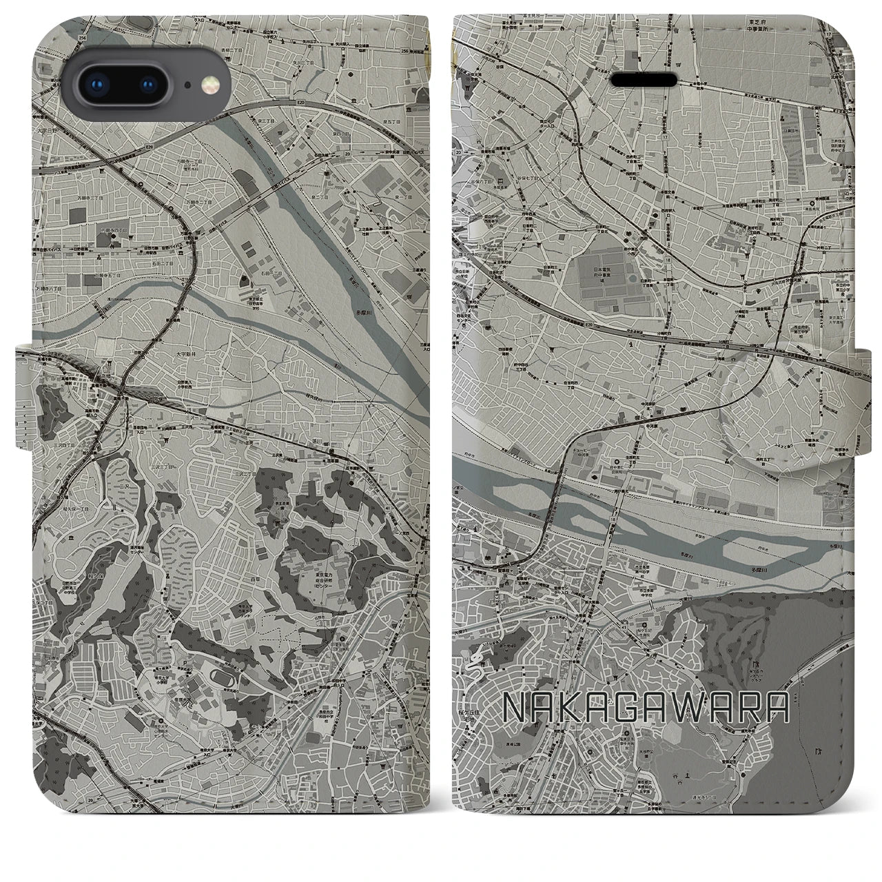 【中河原(東京都)】地図柄iPhoneケース(手帳タイプ)モノトーン・iPhone 8Plus /7Plus / 6sPlus / 6Plus 用