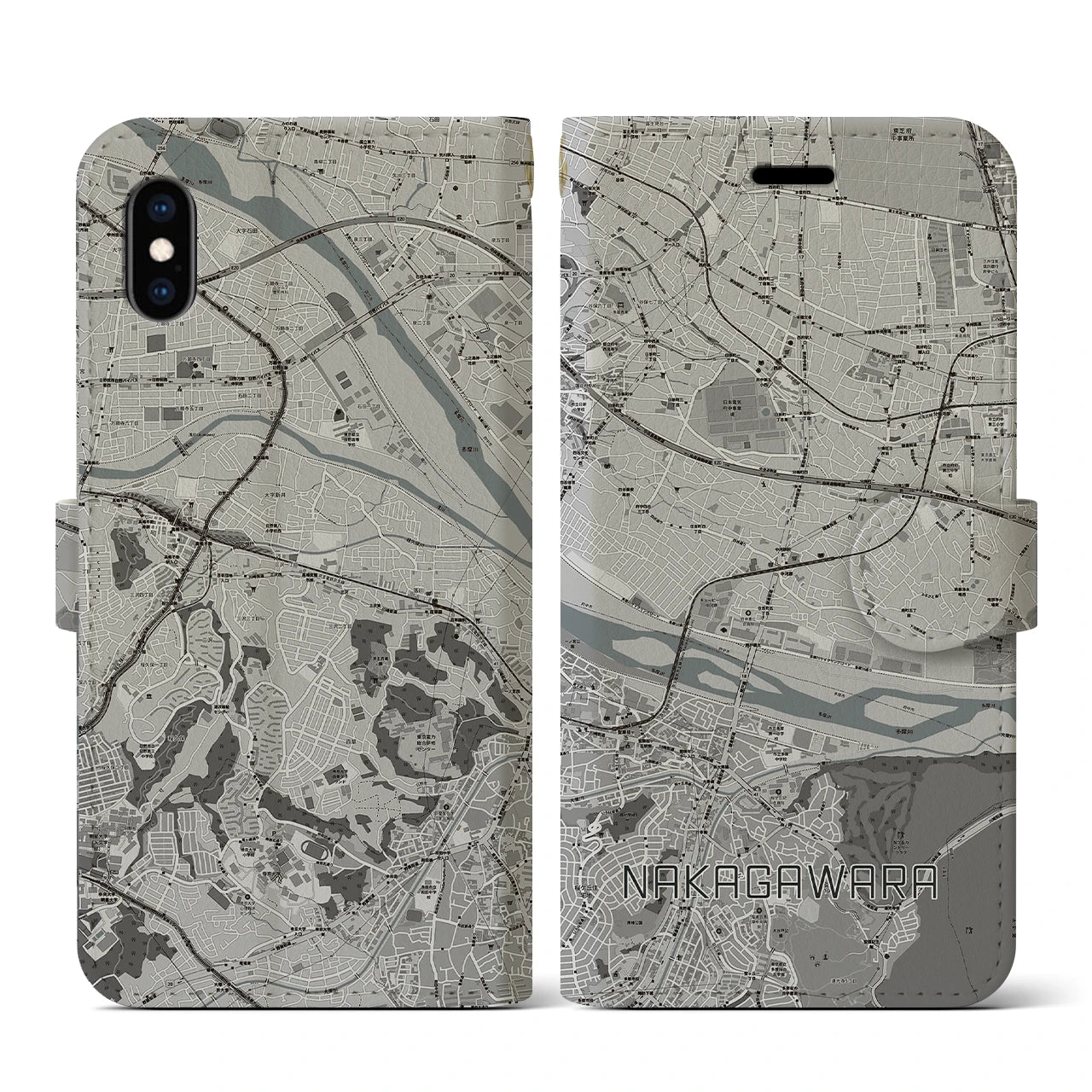 【中河原(東京都)】地図柄iPhoneケース(手帳タイプ)モノトーン・iPhone XS / X 用