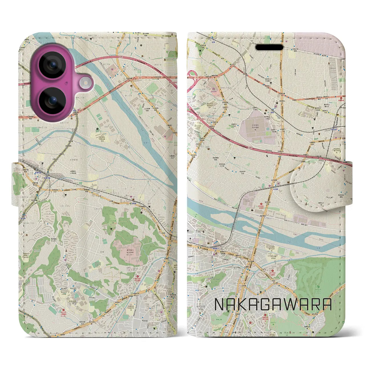 【中河原(東京都)】地図柄iPhoneケース(手帳タイプ)ナチュラル・iPhone 16 Pro 用