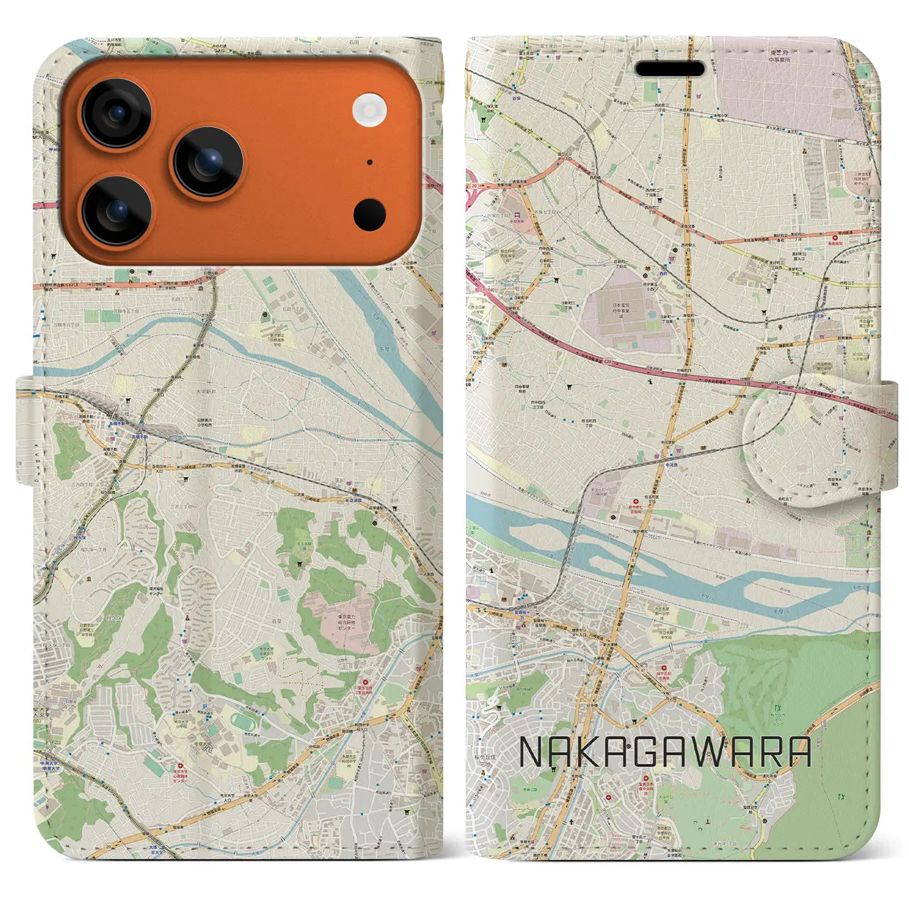 【中河原(東京都)】地図柄iPhoneケース(手帳タイプ)ナチュラル・iPhone 17 Pro Max 用