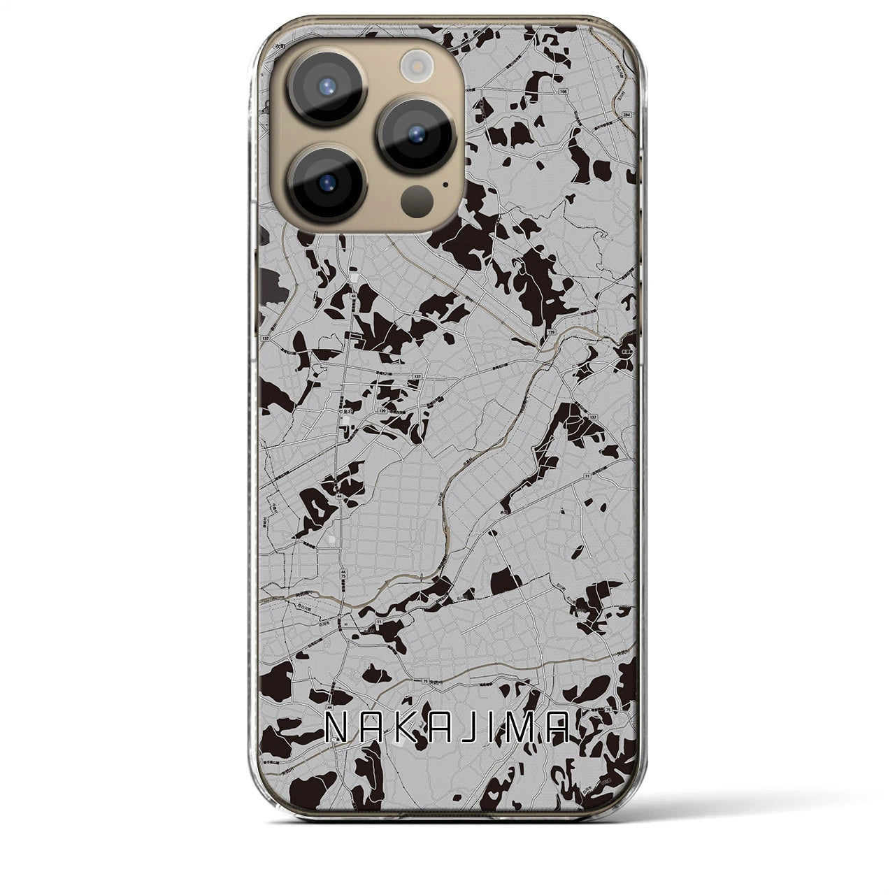 【中島(福島県)】地図柄iPhoneケース(クリアタイプ)モノトーン・iPhone 14 Pro Max 用