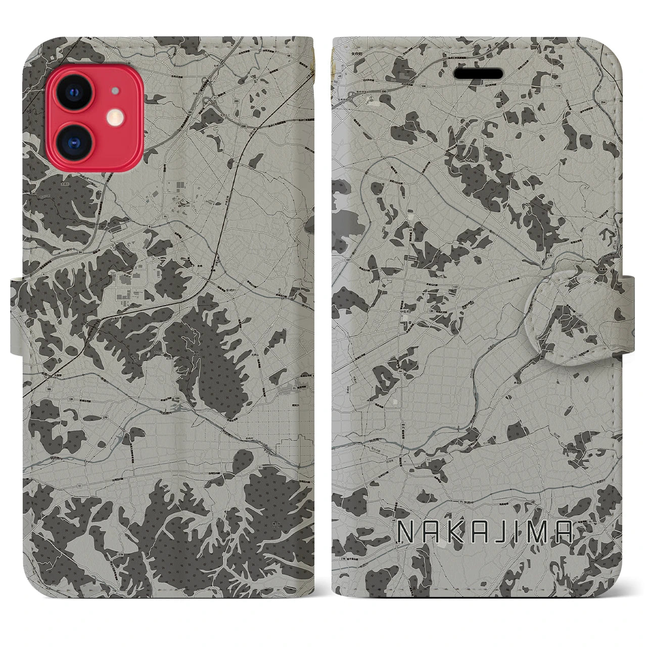 【中島(福島県)】地図柄iPhoneケース(手帳タイプ)モノトーン・iPhone 11 用