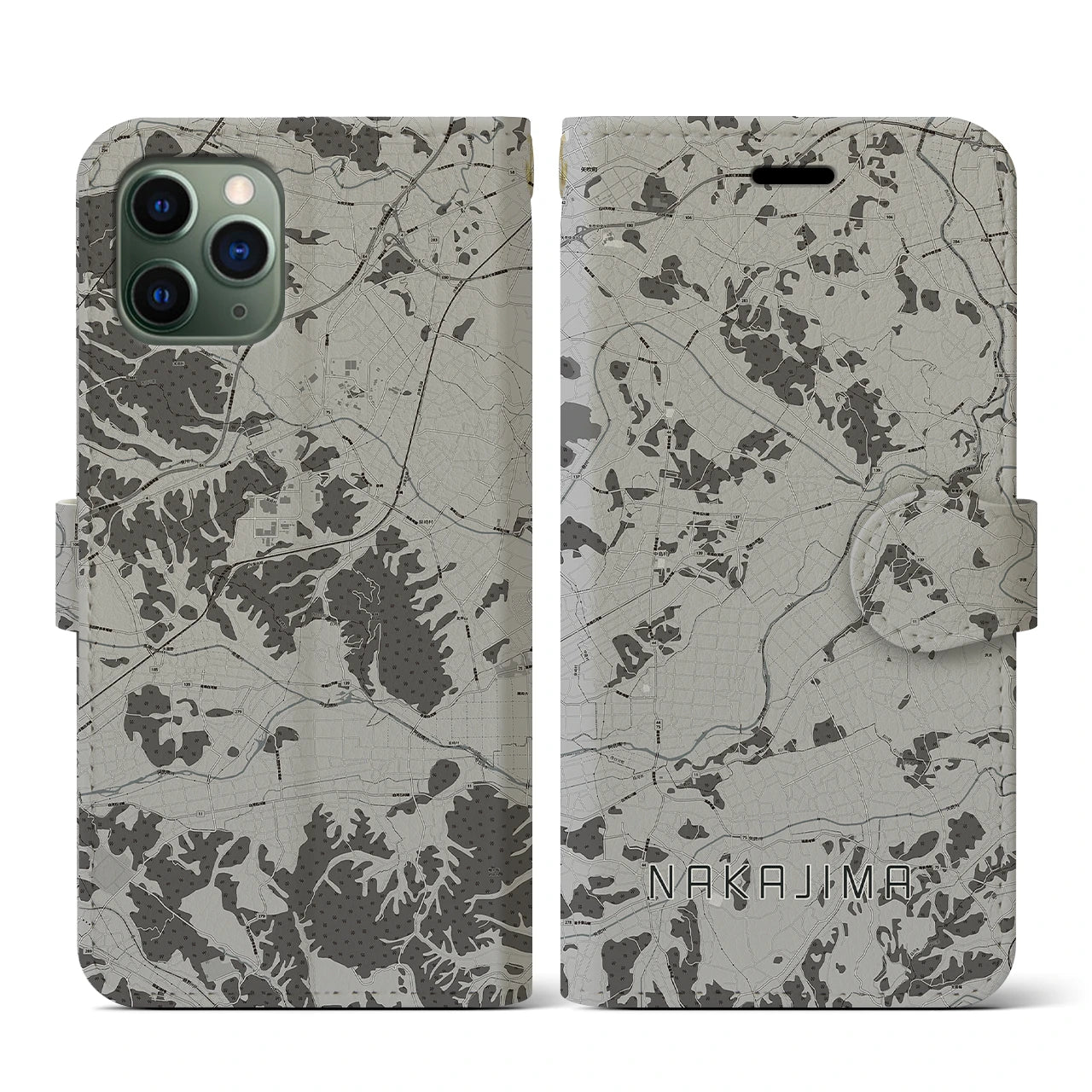 【中島(福島県)】地図柄iPhoneケース(手帳タイプ)モノトーン・iPhone 11 Pro 用