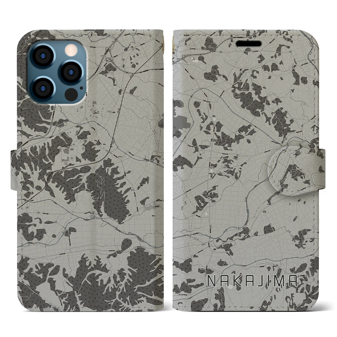 【中島(福島県)】地図柄iPhoneケース(手帳タイプ)モノトーン・iPhone 12 / 12 Pro 用