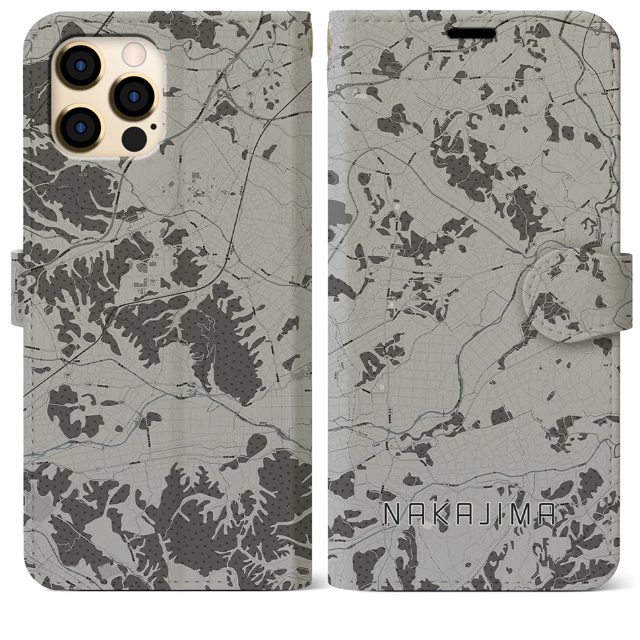 【中島(福島県)】地図柄iPhoneケース(手帳タイプ)モノトーン・iPhone 12 Pro Max 用