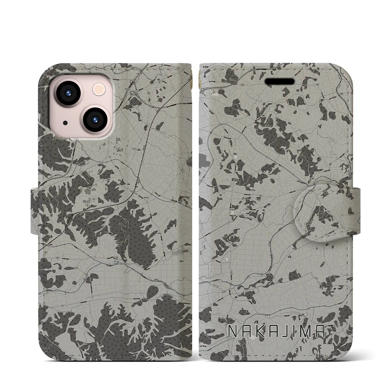 【中島(福島県)】地図柄iPhoneケース(手帳タイプ)モノトーン・iPhone 13 mini 用