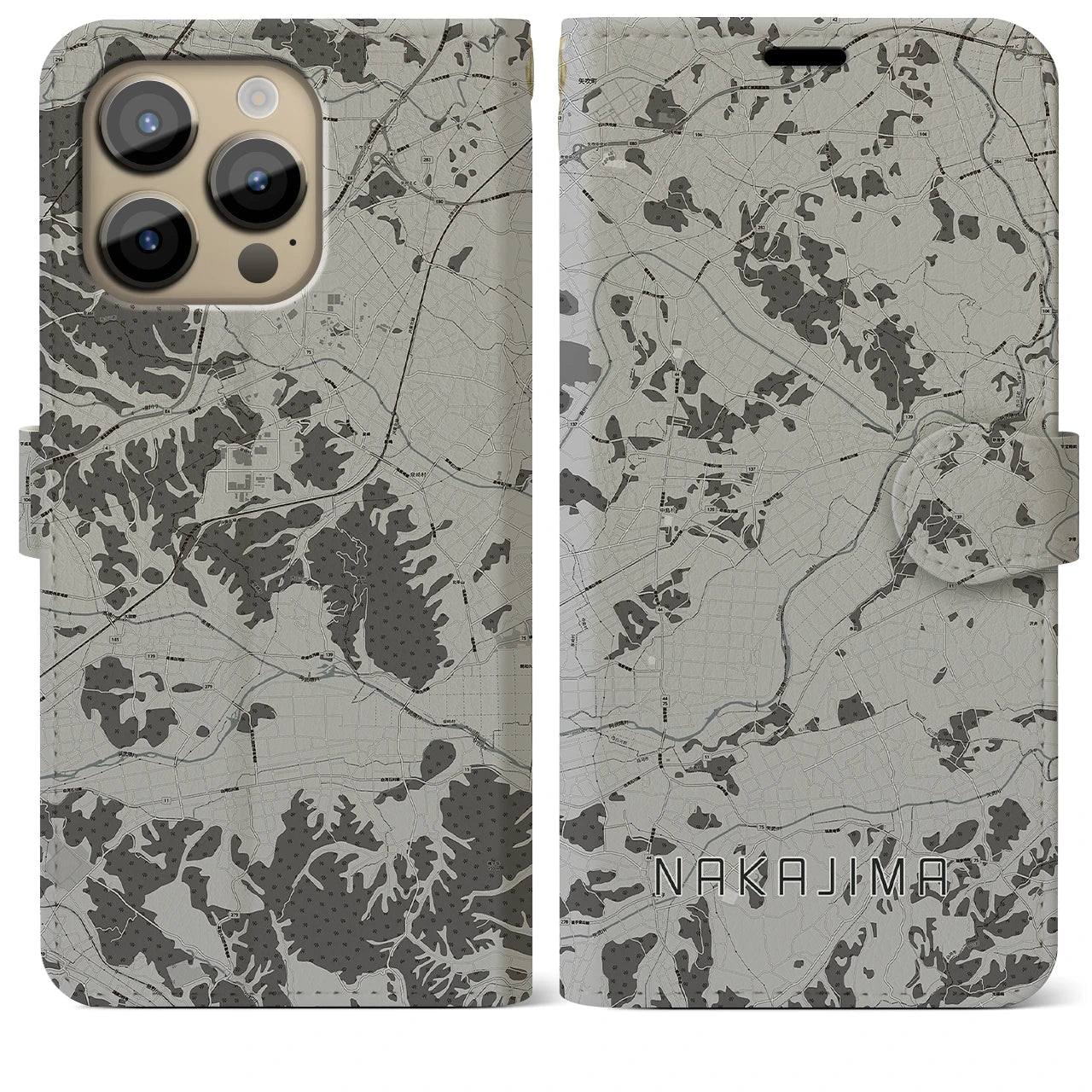 【中島(福島県)】地図柄iPhoneケース(手帳タイプ)モノトーン・iPhone 14 Pro Max 用