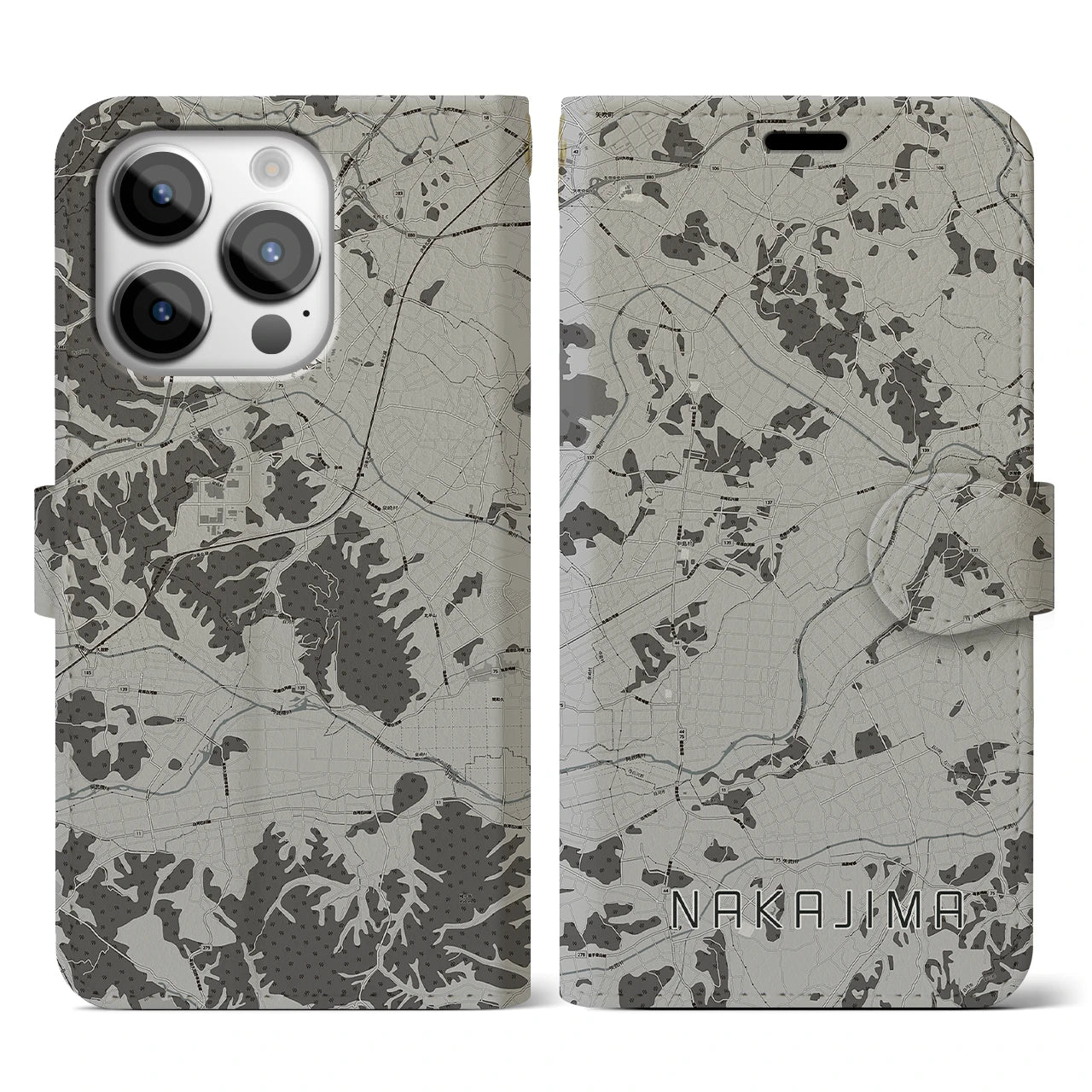 【中島(福島県)】地図柄iPhoneケース(手帳タイプ)モノトーン・iPhone 14 Pro 用