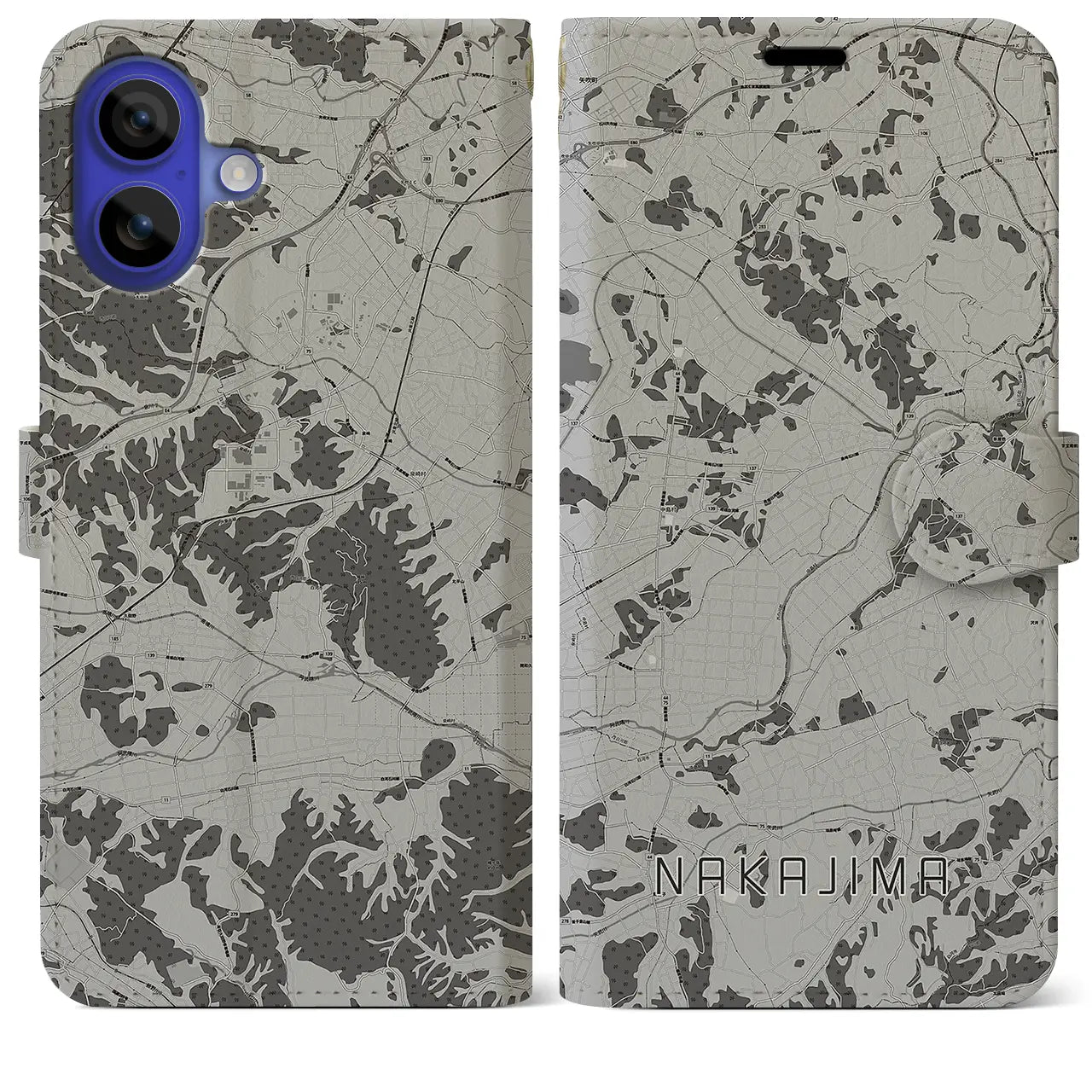 【中島(福島県)】地図柄iPhoneケース(手帳タイプ)モノトーン・iPhone 16 Pro Max 用