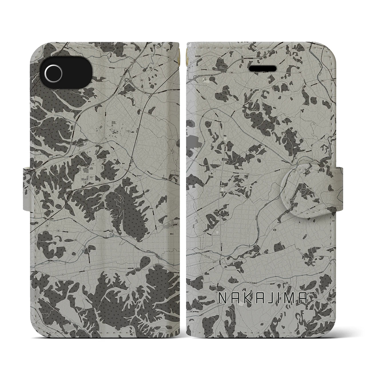 【中島(福島県)】地図柄iPhoneケース(手帳タイプ)モノトーン・iPhone SE(第3 / 第2世代) / 8 / 7 / 6s / 6 用