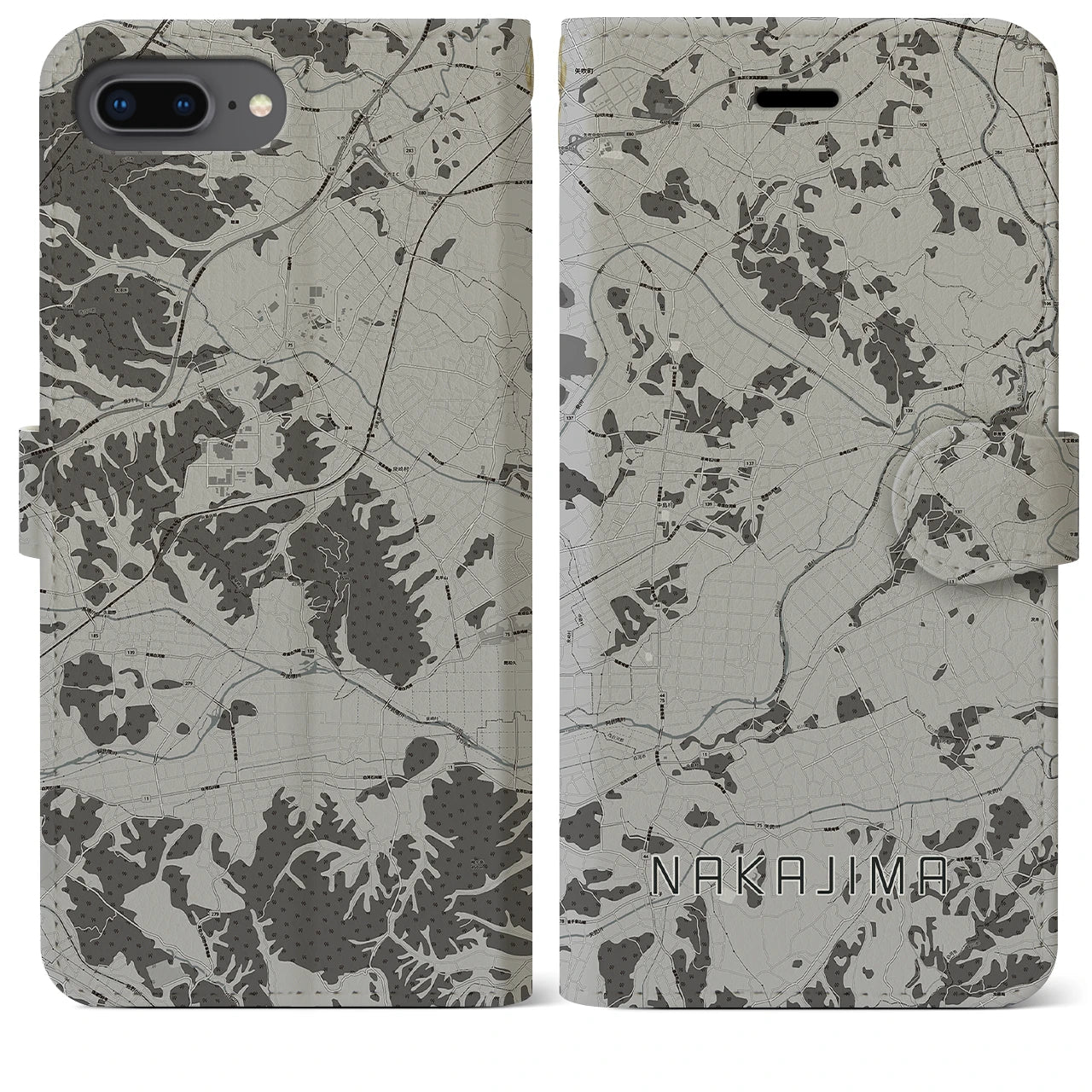 【中島(福島県)】地図柄iPhoneケース(手帳タイプ)モノトーン・iPhone 8Plus /7Plus / 6sPlus / 6Plus 用