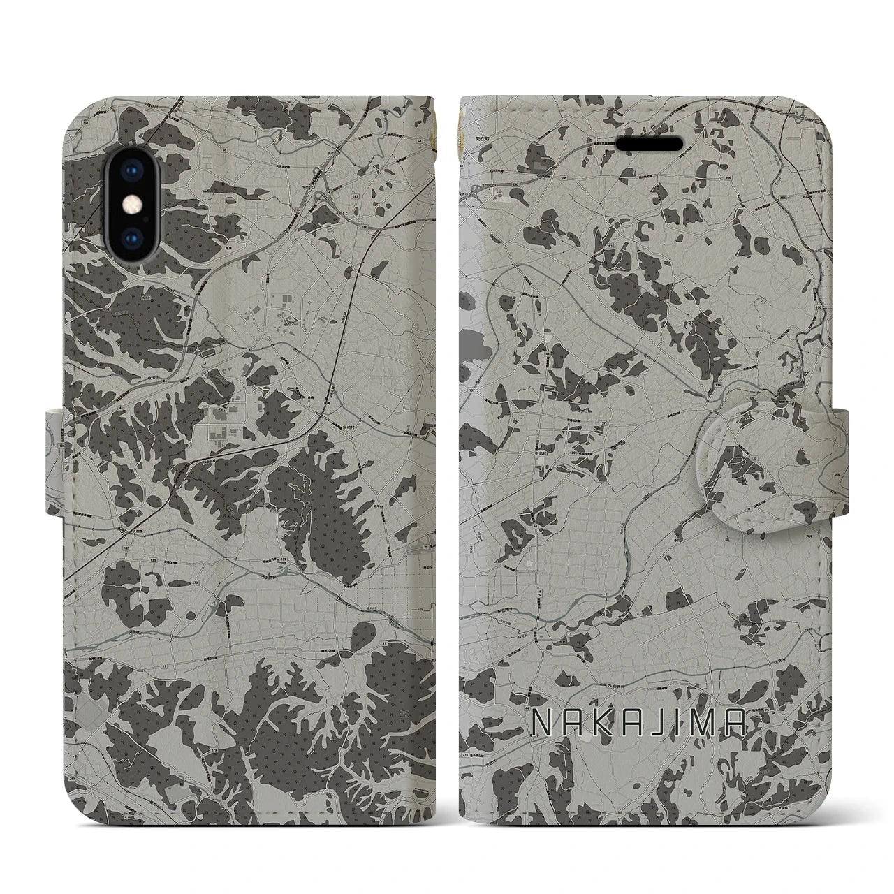 【中島(福島県)】地図柄iPhoneケース(手帳タイプ)モノトーン・iPhone XS / X 用