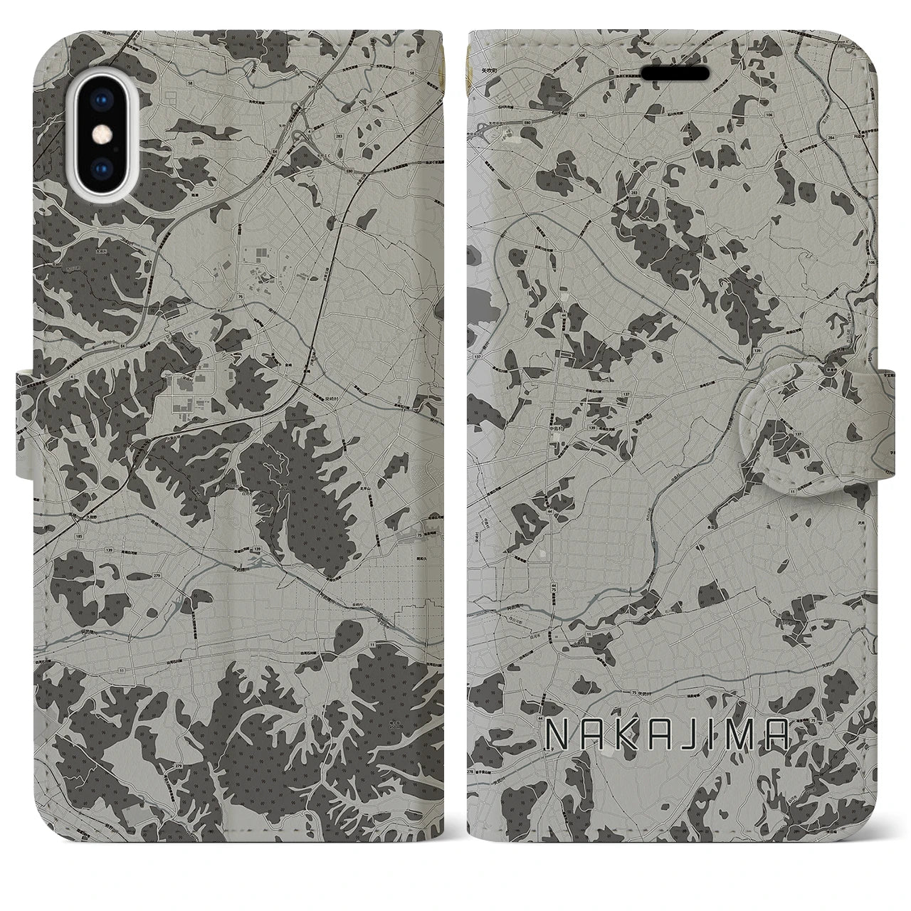 【中島(福島県)】地図柄iPhoneケース(手帳タイプ)モノトーン・iPhone XS Max 用