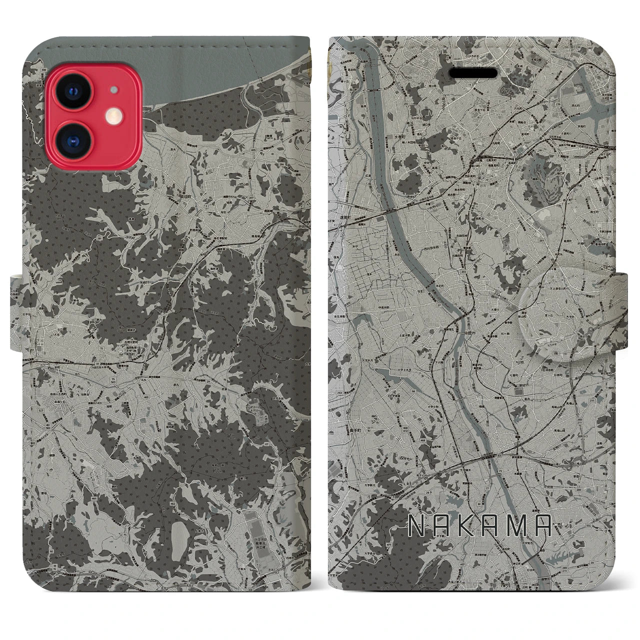 【中間(福岡県)】地図柄iPhoneケース(手帳タイプ)モノトーン・iPhone 11 用
