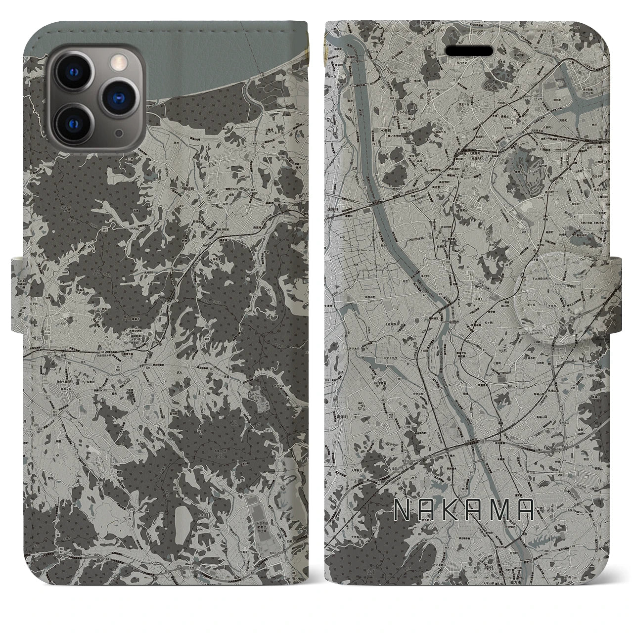 【中間(福岡県)】地図柄iPhoneケース(手帳タイプ)モノトーン・iPhone 11 Pro Max 用