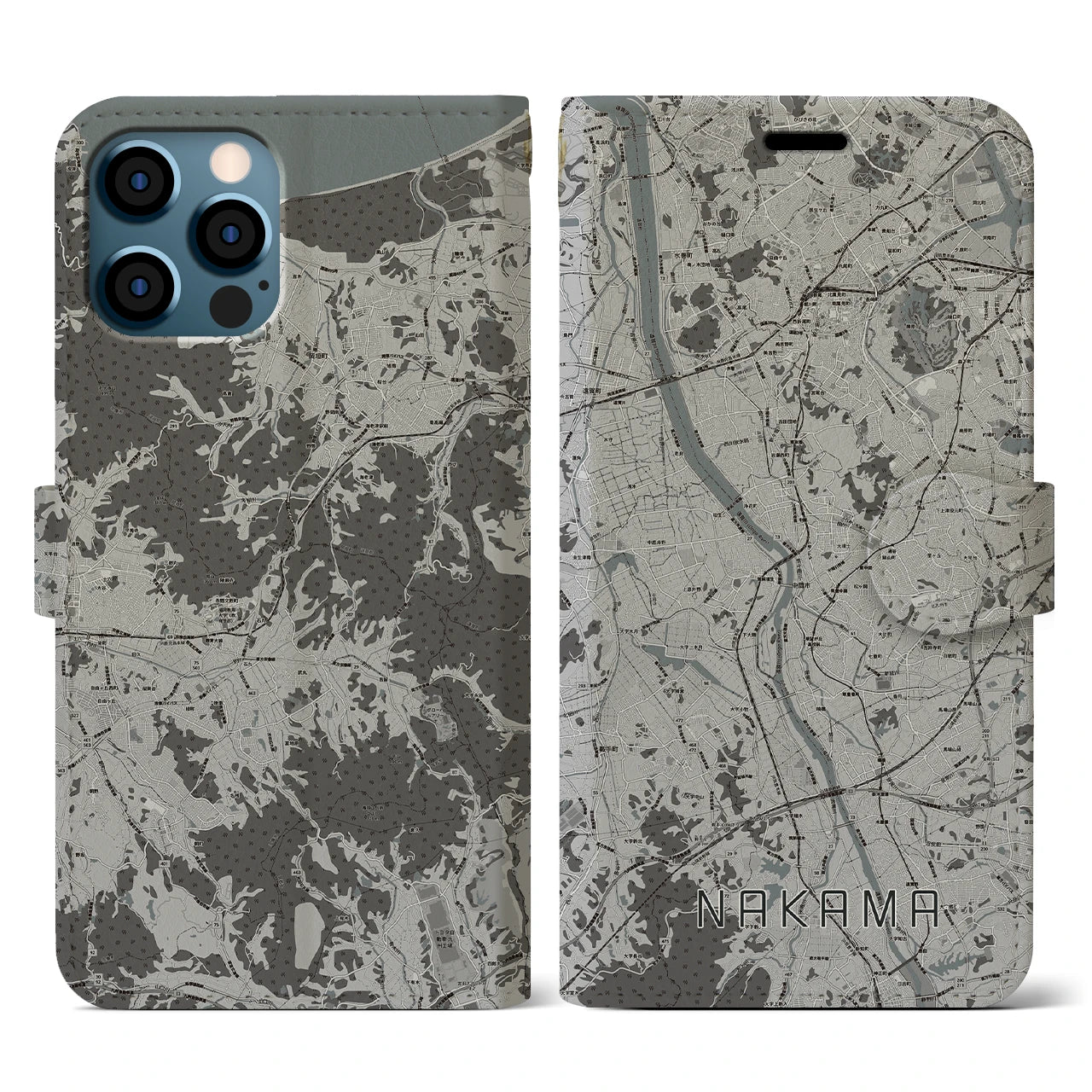 【中間(福岡県)】地図柄iPhoneケース(手帳タイプ)モノトーン・iPhone 12 / 12 Pro 用