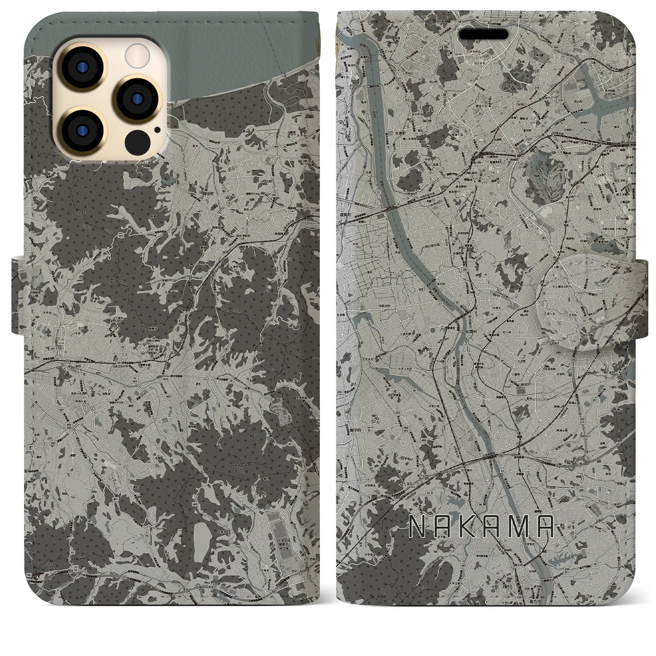 【中間(福岡県)】地図柄iPhoneケース(手帳タイプ)モノトーン・iPhone 12 Pro Max 用