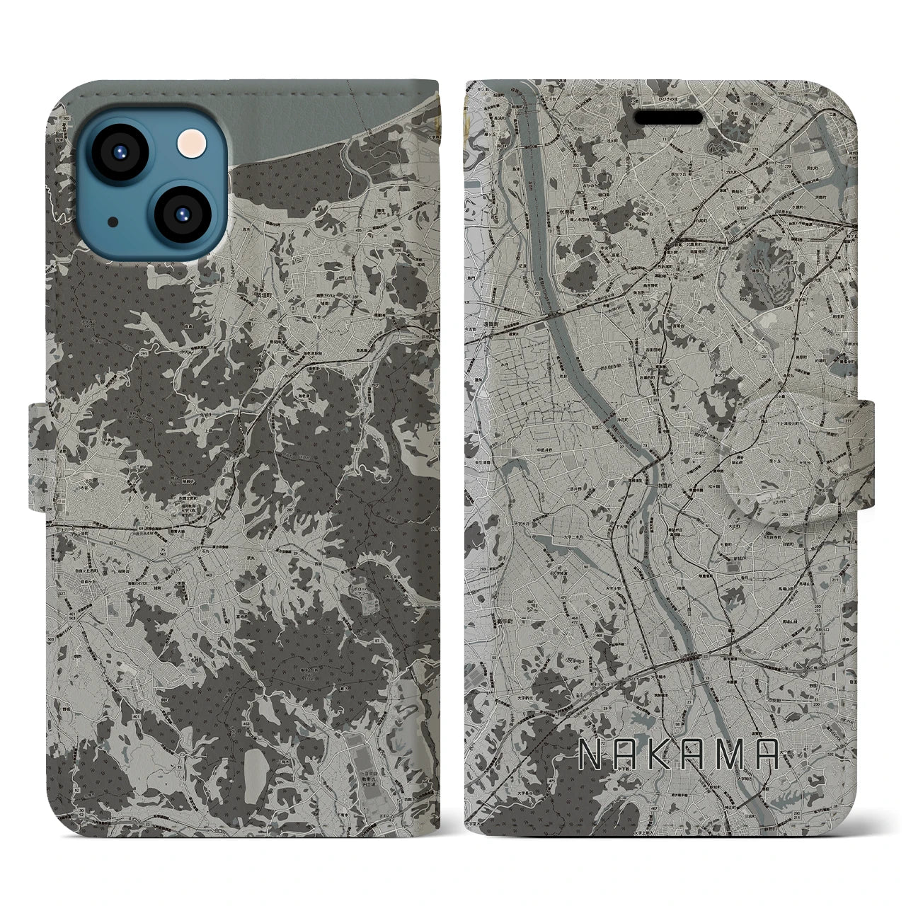 【中間(福岡県)】地図柄iPhoneケース(手帳タイプ)モノトーン・iPhone 13 用