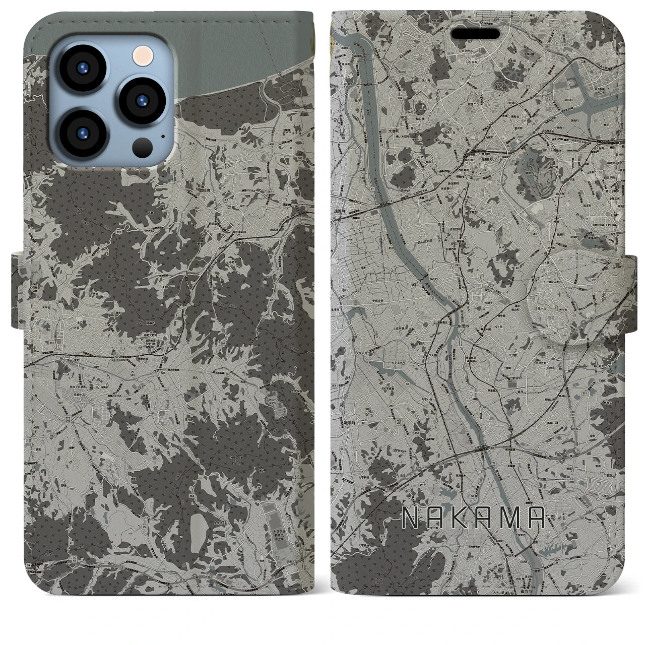 【中間(福岡県)】地図柄iPhoneケース(手帳タイプ)モノトーン・iPhone 13 Pro Max 用