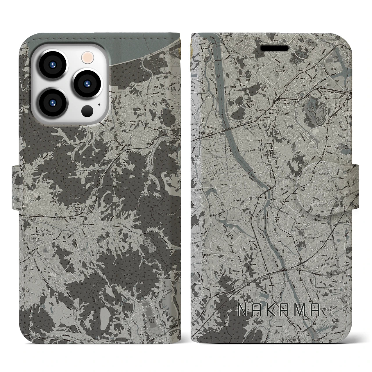 【中間(福岡県)】地図柄iPhoneケース(手帳タイプ)モノトーン・iPhone 13 Pro 用